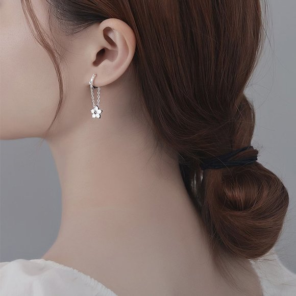 NEW Silver Copper Zircon Flower Chain Tassel Hoop Earrings - Picture 5 of 10